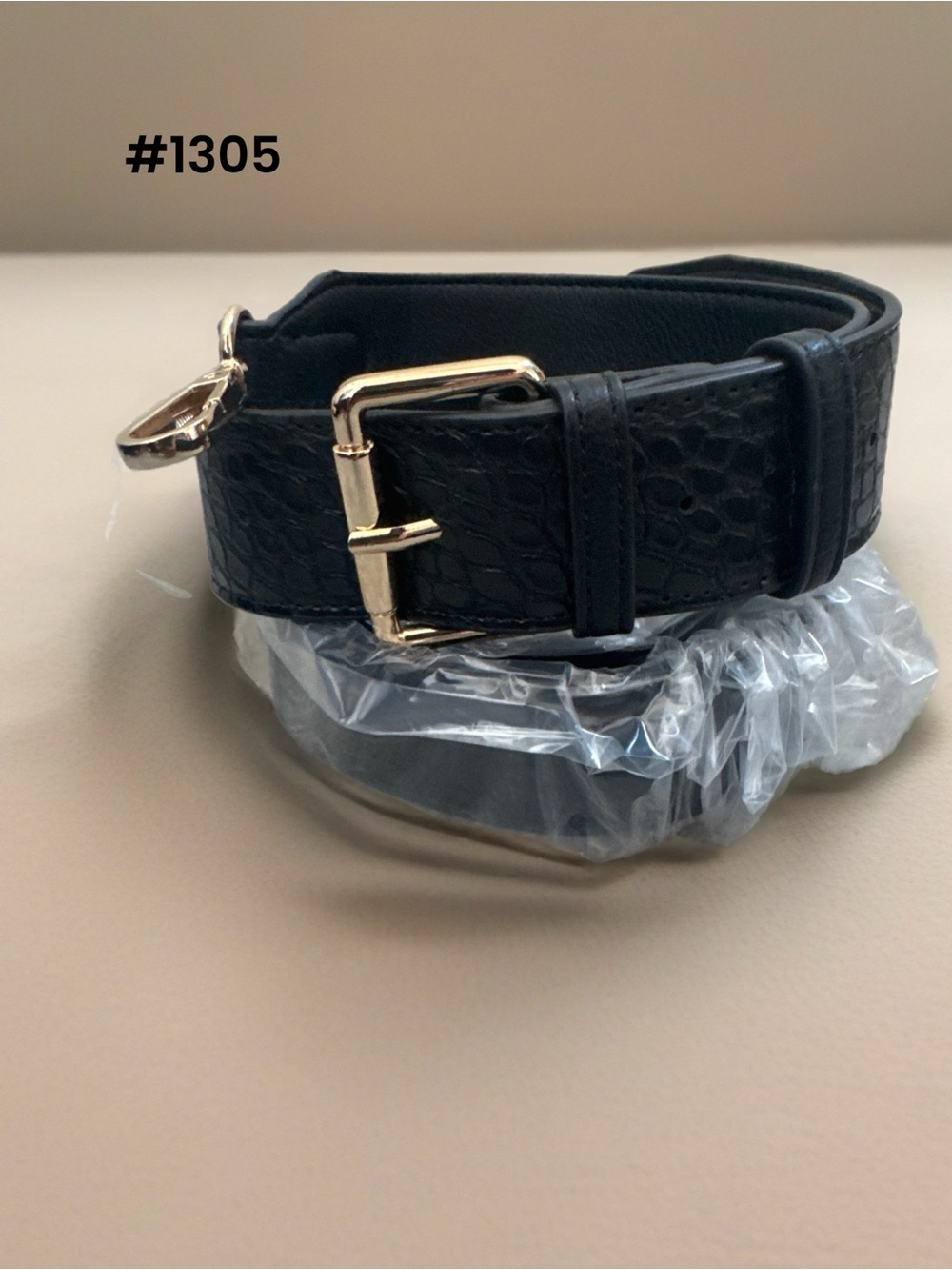Black Textured Leather Bracelet with Gold Buckle - Women Accessories